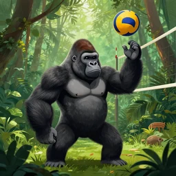 a gorilla holding a volleyball and playing volleyball in a jungle, volleyball net, digital illustration, inspired by greg rutkowski and artgerm, high detail