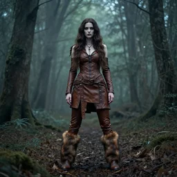 savage woman, clothed in brown leather, fur boots, long hair, unwordly, beautiful, ghostly forest, by steven henderson