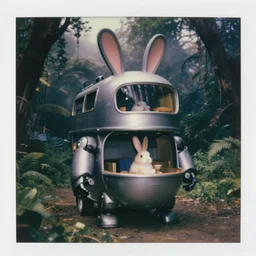 dark night oversized battle rabbit robot chubby fatmech trailer bucket bowl double decker with big ears with rabbit sitting inside, in jungle forest, full body, nighttime, cinematic focus, polaroid photo, vintage, neutral dull colors, soft lights, foggy, overcast by oleg oprisco, by thomas peschak, by discovery channel, by victor enrich, by gregory crewdson