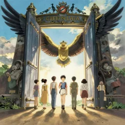 memorable animation key shot, opening the winged gate, never seeing the light of day, by mandy jurgens, by satoshi kon, ilya repin, lena aenami, shinji kimura, daylight pastel color palette