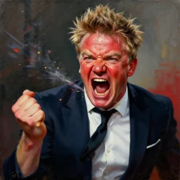 gordon ramsay angry, screaming, red face, spit flying from mouth, stylistic painting by 'phil hale'!!!! high quality hd