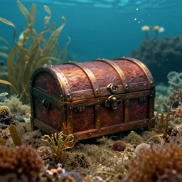 amazing high quality image depicted treasure chest deep under water in an atlantic ocean, 8 mm, great composition, rich environment, spirited water plants, art by john howe and andreas rocha and martin johnson heade and albert bierstadt