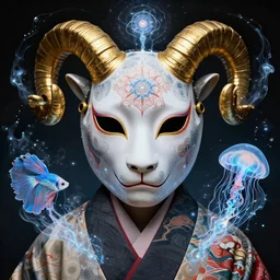 3 d demon close up frontal view, portrait, astral, with ram golden skull. beautiful intricately detailed japanese fractal kitsune mask, water and clasical japanese kimono. betta fish, jellyfish fractal, bio luminescent, plasma, ice, water, wind, creature, mandelbulb, fractal, artwork by tooth wu and wlop and beeple and greg rutkowski
