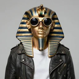 a photograph of a portrait of a statue of a pharaoh wearing steampunk glasses, white t - shirt and leather jacket