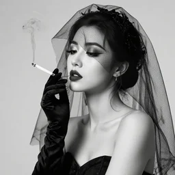 Beautiful girl in black veil and black gloves smoking a cigarette in a mouthpiece. High definition black and white photo, retro, noir, Photo shoot.