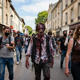 a photo of the famous zombie invasion in the streets of Vichy, 2020, vibrant