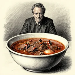 a charcoal drawing of patrick stewart sitting in a big bowl of beef stew