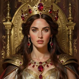 portrait of megan fox as a queen, throne, jewelry, greek, ruby, intricate, headshot, highly detailed, digital painting, artstation, concept art, sharp focus, cinematic lighting, illustration, art by artgerm and greg rutkowski, alphonse mucha, cgsociety