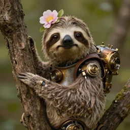 a beautiful portrait of a steampunk tree sloth robot with a flower on its head by rembrandt