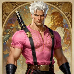 painted gambit rugged young colin farrell as gambit with pink pink cajun shirt by greg rutkowski craig mullins artgerm alphonse mucha, white hair handsome muscular x - men costume background fantasy intricate elegant detailed digital painting concept art artstation sharp focus illustration