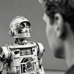 a cinematic black and white image of c 3 p 0 looking at a human ear, a film by david lynch