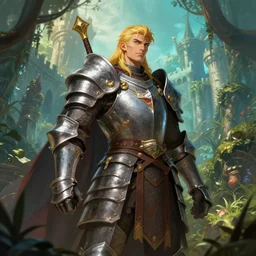 greatest elven warrior, heavy plate armor, intelligent man, legendary, prince, colorful, d & d, fantasy, jungle, castle, interesting angle, guild wars, illustration, atmosphere, artstation, highly detailed, art by yuho kim