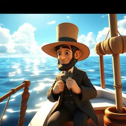 a wholesome animation key shot of a cute abraham lincoln on a fishing boat wearing a sunhat, studio ghibli, pixar and disney animation, sharp, rendered in unreal engine 5, anime key art by greg rutkowski, bloom, dramatic, dynamic lighting
