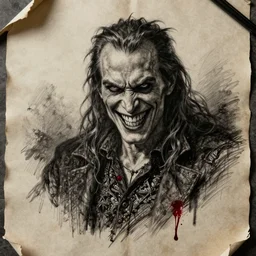 a drawing made with charcoal and blood on a skin parchment showing an evil grinning billy bob Thornton.