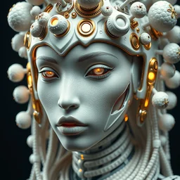 hyper detailed ultra sharp portrait of a beautiful carved smooth porcelain fair cyborg warrior maasai woman, up close shot, sharp focus, global illumination, radiant light, biomechanical white silver gold rhizomorphs headdress, cyberpunk brackets, bubble mushrooms, puffballs, rhizomorphs, white mecha, octane highly render, 4 k