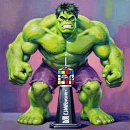 abstract painting of The Incredible Hulk winning the Rubik's world championship