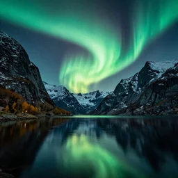 a Norwegian fjord surrounded by mountains at night with the northern lights overhead, trees on the mountain sides, completely still mirror water reflecting the surroundings