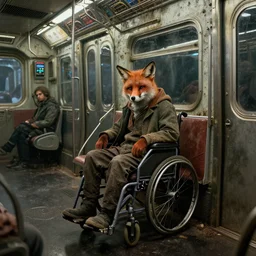 movie poster of old homeless disabled cborg fox in cape, sitting in dirty cyberpunk subway car, intricate, image from new scifi from ilm and weta digital, painted by thomas eakins, highres textures, ambient occlusion, volumetric light, raytracing