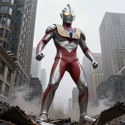 giant ultraman walking on new york building!, post apocalyptic, cinematic,