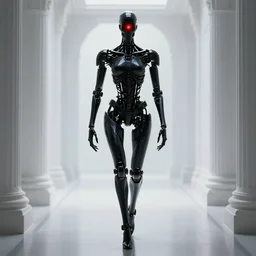 cyberpunk single skeletal black mecha android walking inside hallway, Skeletal face !!!!!!singular-eye!!!!!!!!. long limbs black shiny. glowing_red_eye  volumetric lighting slightly hazy. RTX UE5 Artstation Bladerunner_2049_scene!!!!!! Cyberpunk 2077 bladerunner2049!!! bladerunner!!! black android walking down white hallway slightly offset fancy hallway. reflective-room!!!!! Tom Bagshaw Greg Rutkowski Alphonse Mucha,.