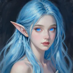 beautiful elf woman, long flowing light blue hair, glowing bright blue eyes, very beautiful features, portrait, painting by alphonse muca, greg ruthowski, craig mullins, ruan jia, wlop, very beautiful and detailed, artstation, high quality