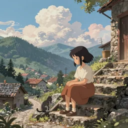 the girl and the cat, sitting on stairs. morning in a small village in the mountains, rocky roads, beautifull puffy clouds.  anime, studio ghibli. intricate, beautiful, cinematic. professional digital painting, artstation, concept art, smooth, Unreal Engine 5, 8k, cinema 4d, 3D. art by artgerm and greg rutkowski and alphonse mucha