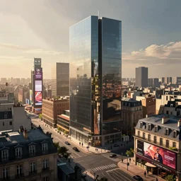 modern downtown city, Parisian buildings, billboards, advertisements, Times Square, small buildings, dark, matte painting, concept art, digital painting, style of Ian Hubert, warm lighting, futuristic, volumetric lighting, street view, daytime, godrays , high detail