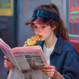 portrait eating girl, visors, streetwear, neon, reads newspaper, detail beautiful face, oil painting, by j. c. leyendecker james jean, 8 k