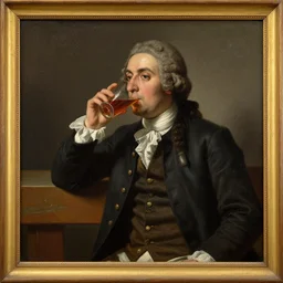 oil painting of an 1 8 th century man drinking at a bench, some of the details of the frame are visible in his face