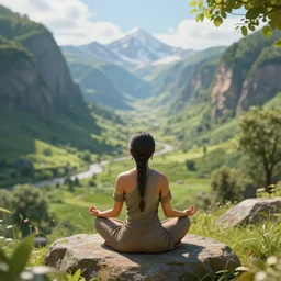 a back shot view of a mini meditating in a beautiful valley, highly detailed digital art