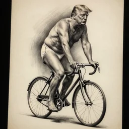realism tattoo sketch of donald trump riding a bicycle in underwear