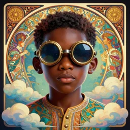 colourful vfx upper half - 3 d portrait - art of a nigerian boy wearing steam punk goggles, art by utagawa kunisada, james jean & alphonse mucha, clouds, symmetrical, intricate detail, concept art, volumetric light, ray tracing, digital illustration, octane render, 2 d - 3 d hybrid, unreal engine, sharp, pinterest, behance, art station,