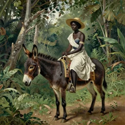 dark-skinned Woman riding donkey in the jungle painting by Rousseau