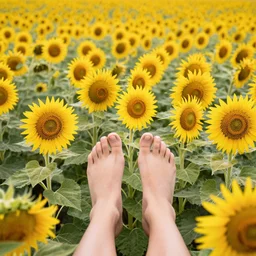 feet in a field full of sun flowers