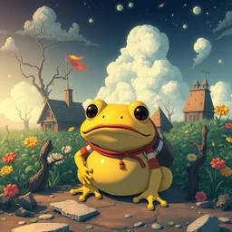 akihito tsukushi high resolution 4 k made in abyss design fat cute pepe's bizarre nausicaa clothing swamp village design body a field of cool colors shading a yellow pepe the frog with a large nose, paradise, pogrom, war, desolation desolation, art in the style of and oleg vdovenko and akihito tsukushi