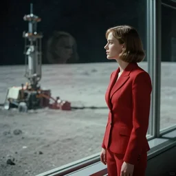 a still from the move 2 0 4 9 depicting a young susan sarandon in a tailored red suit staring out of a plate glass window. outside is the surface of the moon, mining operations are visible. sci fi, futuristic, cinematic, soft lighting