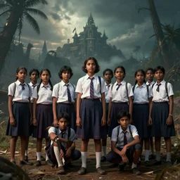 kerala school boys wearing girls dresses posing for a photo, an epic fantasy, dramatic lighting, cinematic, establishing shot, extremely high detail, photorealistic, cinematic lighting, artstation, matte painting by simon stalenhag, horizon forbidden west