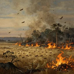 a plague of locusts over burning forest and meadows on fire. desolate landscape. fields on fire. greg rutkowski gustave dore caspar david friedrich dystopian hyperdetailed landscape. millions of tiny locusts in the sky