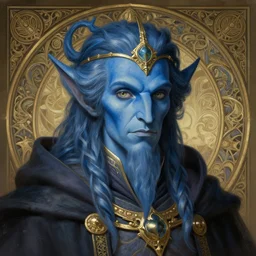 portrait of a wizard with blue skin, elegant, intricate, headshot, highly detailed, digital painting, artstation, concept art, sharp focus, illustration, art by artgerm and greg rutkowski and alphonse mucha