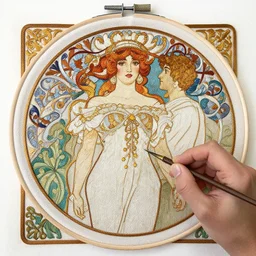 a hand embroidery by artgerm and greg rutkowski and alphonse mucha