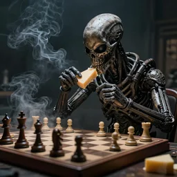 apocalyptic, the terminator playing chess and eating cheese. smoke. volumetric lighting, sharp focus, ultra detailed, cgsociety - w 1 0 2 4 - n 8 - i