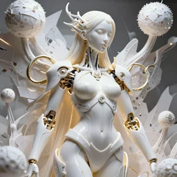 hyper detailed ultra sharp portrait of a beautiful well contoured porcelain ivory smooth fair cyborg warrior fantasy god, up close shot, sharp focus, global illumination, radiant light, biomechanical white silver gold rhizomorphs, cyberpunk brackets, laser cut paper, puffballs, alexandre ferra white mecha, irakli nadar, alexander mcqueen, octane highly render, 4 k, ultra hd,