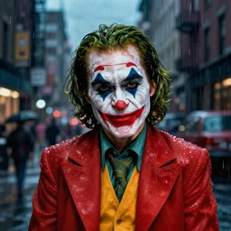 night flash portrait photography of the joker on the lower east side by annie leibovitz, colorful!!, nighttime!, raining!