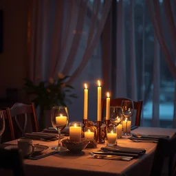a beautiful photo of a candle light dinner, ultra details, 8 k cinematic scene, cosy, relax