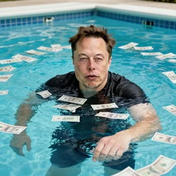 Photography of elon musk swimming in a pool with money all around him