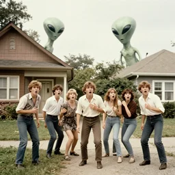 an old photo of people scared cause of an alien in the neighborhood