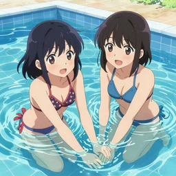 An illustration of two teenager girls as ToLoveRu, light skin, playing at swiming pool, japanese high school, digital painting, comic book's cover, highly detailed, sharp focus, uncolored comics, art by Yabuki Kentarou, trending on Pixiv.