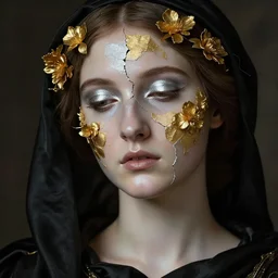 hyperrealism close - up mythological portrait of a beautiful medieval woman's shattered face blended with gold flowers in style of classicism using the fibonacci golden ratio, pale skin, silver make up on the eyes, wearing black silk robe, dark and dull palette