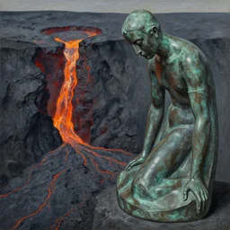 close up of a bronze god sculpted by brancusi on the brink of a crater with flowing lava. painting by rob gonsalves, thomas cole, moebius, bacon