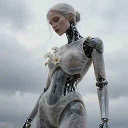 close - up fashion woman cyborg skinny waif frail portrait airy flowers cloudy sky art by vasnetsov